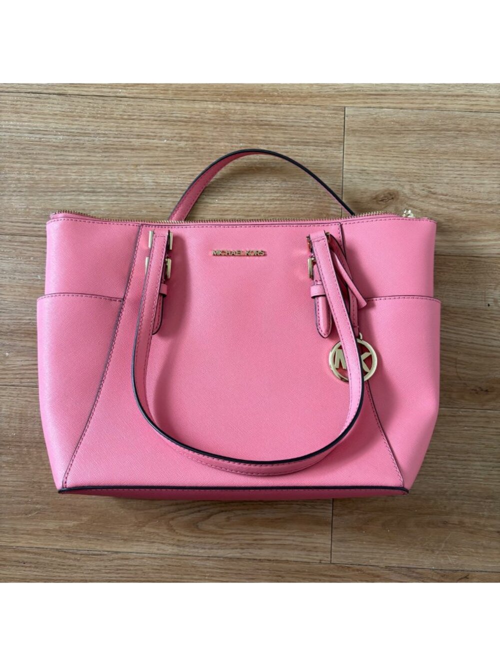 Michael Kors Charlotte Large Top Zip Leather Tote Purse Pink Large Size